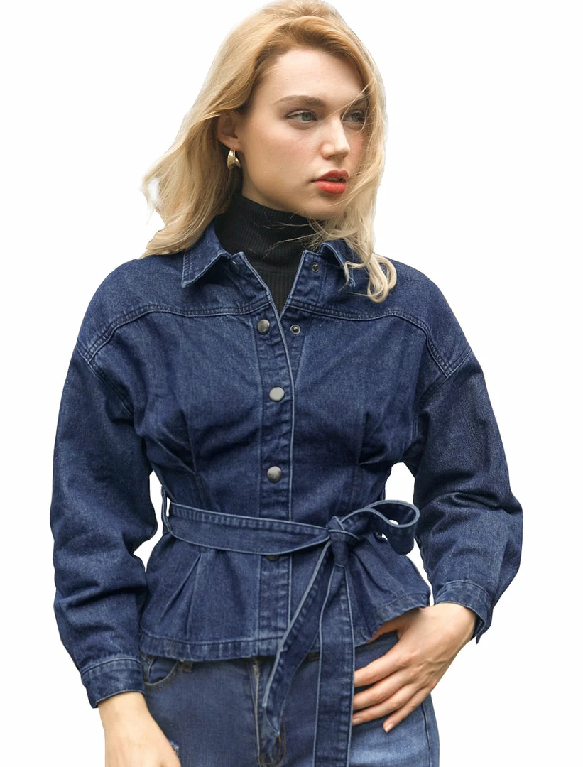 Allegra K Women's Long Sleeve Turn Down Collar Drop Shoulder Tie Waist Belted Button Up Denim Jacket 4 Allegra K Women's Long Sleeve Turn Down Collar Drop Shoulder Tie Waist Belted Button Up Denim Jacket