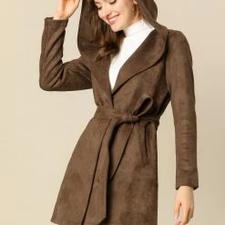 Allegra K Women's Winter Lapel Hooded Wrap Belted Long Coat With Pockets