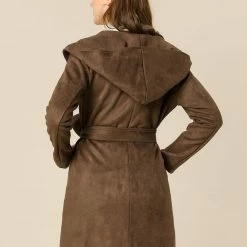 Allegra K Women's Winter Lapel Hooded Wrap Belted Long Coat With Pockets