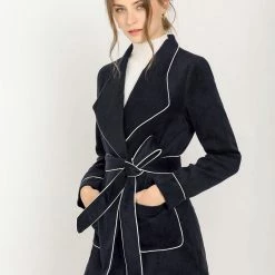 Allegra K Women's Pea Wool Shawl Collar Tie Belt Wrap Winter Coat