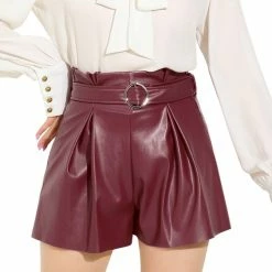 Allegra K Women's High Waist Wide Leg Faux PU Leather Ruffle Belt Shorts