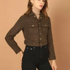 Allegra K Women's Casual Faux Suede Notched Collar Button Up Cropped Jacket With Pockets