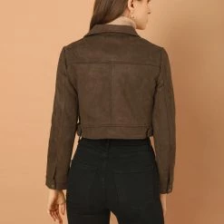 Allegra K Women's Casual Faux Suede Notched Collar Button Up Cropped Jacket With Pockets