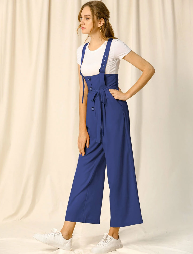 Allegra K Women's High Waist Wide Leg Belted Button Long Overall Jumpsuit 5 Allegra K Women's High Waist Wide Leg Belted Button Long Overall Jumpsuit