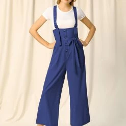 Allegra K Women's High Waist Wide Leg Belted Button Long Overall Jumpsuit 36 Allegra K Women's High Waist Wide Leg Belted Button Long Overall Jumpsuit