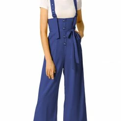Allegra K Women's High Waist Wide Leg Belted Button Long Overall Jumpsuit
