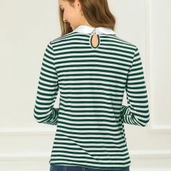 Allegra K Women's Long Sleeve Peter Pan Striped Top Clothing