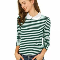 Allegra K Women's Long Sleeve Peter Pan Striped Top Clothing
