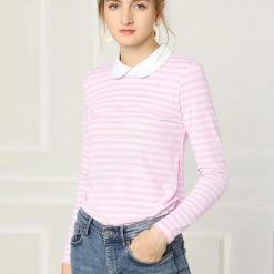 Allegra K Women's Long Sleeve Peter Pan Striped Top Clothing