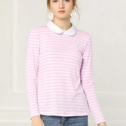 Allegra K Women's Long Sleeve Peter Pan Striped Top Clothing