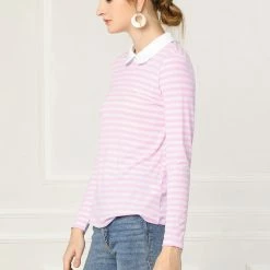 Allegra K Women's Long Sleeve Peter Pan Striped Top Clothing