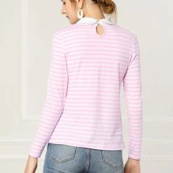 Allegra K Women's Long Sleeve Peter Pan Striped Top Clothing