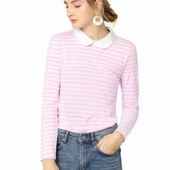 Allegra K Women's Long Sleeve Peter Pan Striped Top Clothing