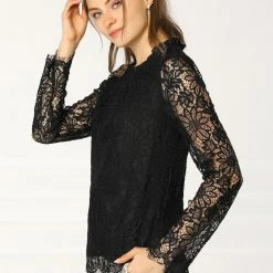 Allegra K Lace Long Sleeve Ruffle Round Neck Floral Blouse Women
