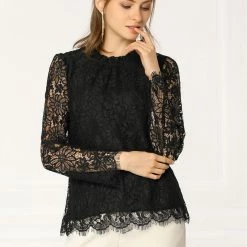 Allegra K Lace Long Sleeve Ruffle Round Neck Floral Blouse Women