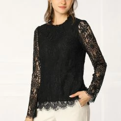Allegra K Lace Long Sleeve Ruffle Round Neck Floral Blouse Women