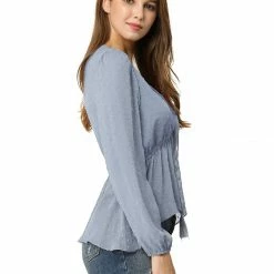 Allegra K Deep V Neck Drawstring Ruffled Swiss Dots Long Sleeves Sheer Chiffon Blouse