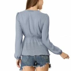 Allegra K Deep V Neck Drawstring Ruffled Swiss Dots Long Sleeves Sheer Chiffon Blouse