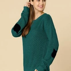 Women Allegra K Drop Shoulder Elbow Cat Patch Loose Sweater