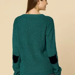 Women Allegra K Drop Shoulder Elbow Cat Patch Loose Sweater