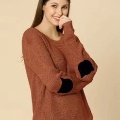 Women Allegra K Drop Shoulder Elbow Cat Patch Loose Sweater
