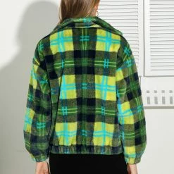 Allegra K Women's Winter Zip Pocket Plaid Teddy Jacket Oversize Faux Fur Fluffy Short Coat