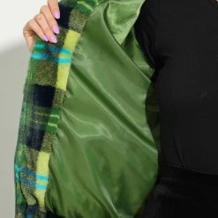 Allegra K Women's Winter Zip Pocket Plaid Teddy Jacket Oversize Faux Fur Fluffy Short Coat