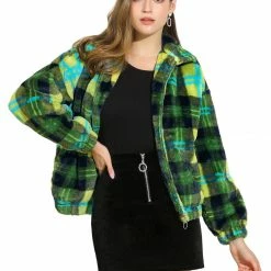 Allegra K Women's Winter Zip Pocket Plaid Teddy Jacket Oversize Faux Fur Fluffy Short Coat