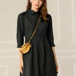 Allegra K Women's 3/4 Sleeve Button Front Flare Mini Shirt Dress 84 Allegra K Women's 3/4 Sleeve Button Front Flare Mini Shirt Dress