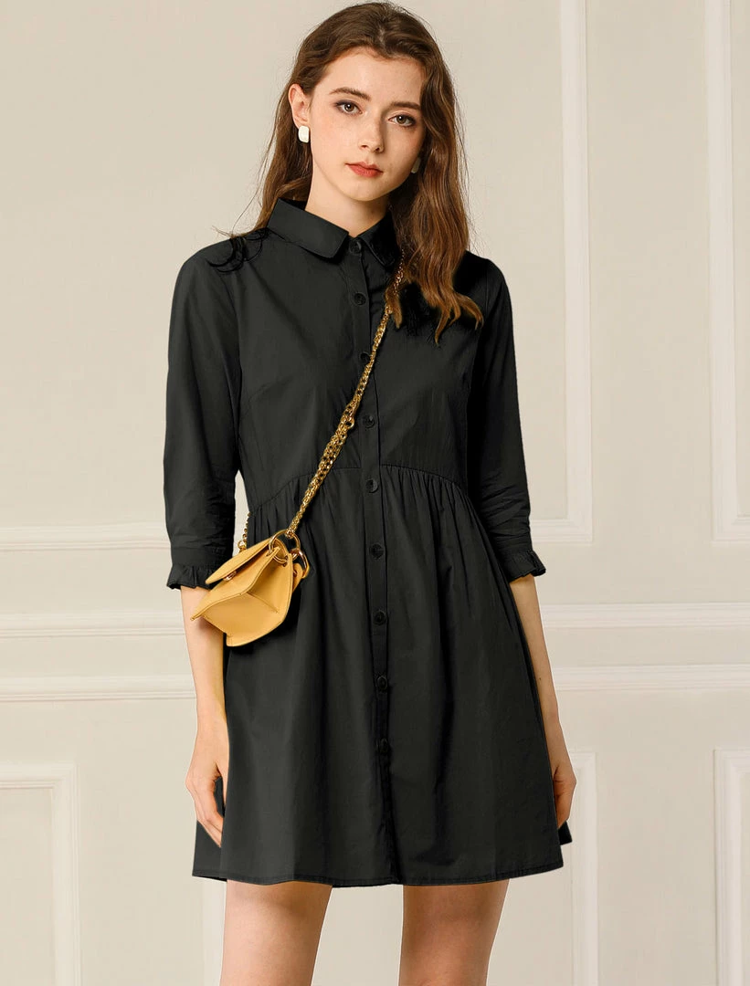 Allegra K Women's 3/4 Sleeve Button Front Flare Mini Shirt Dress 28 Allegra K Women's 3/4 Sleeve Button Front Flare Mini Shirt Dress