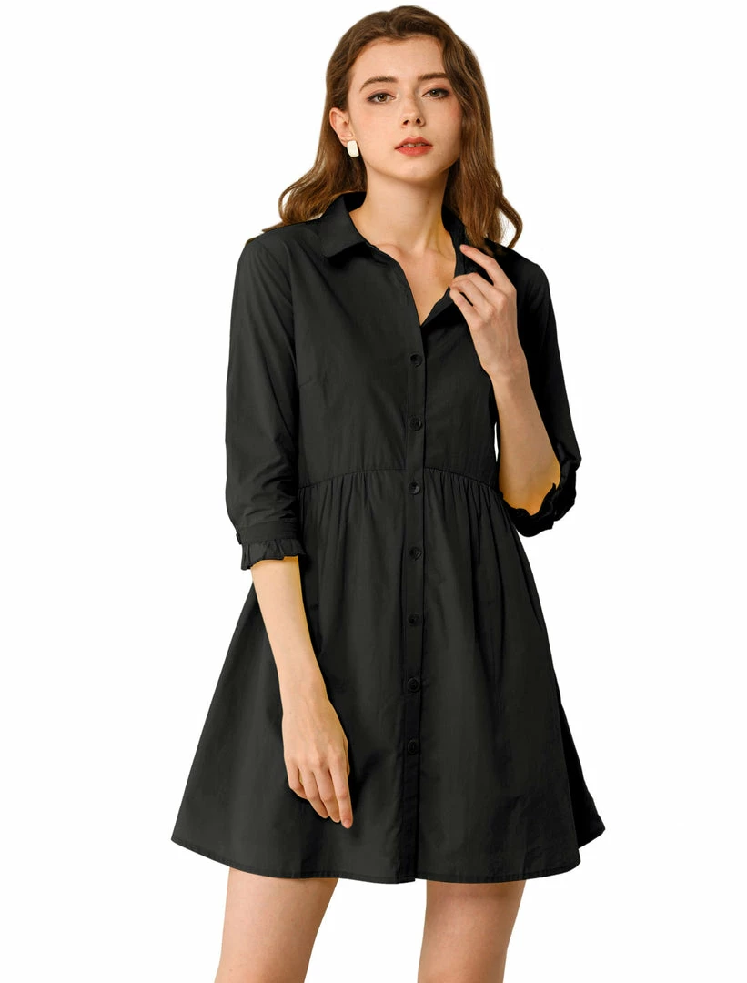 Allegra K Women's 3/4 Sleeve Button Front Flare Mini Shirt Dress 29 Allegra K Women's 3/4 Sleeve Button Front Flare Mini Shirt Dress