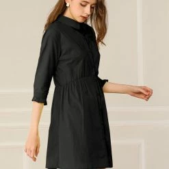 Allegra K Women's 3/4 Sleeve Button Front Flare Mini Shirt Dress 86 Allegra K Women's 3/4 Sleeve Button Front Flare Mini Shirt Dress