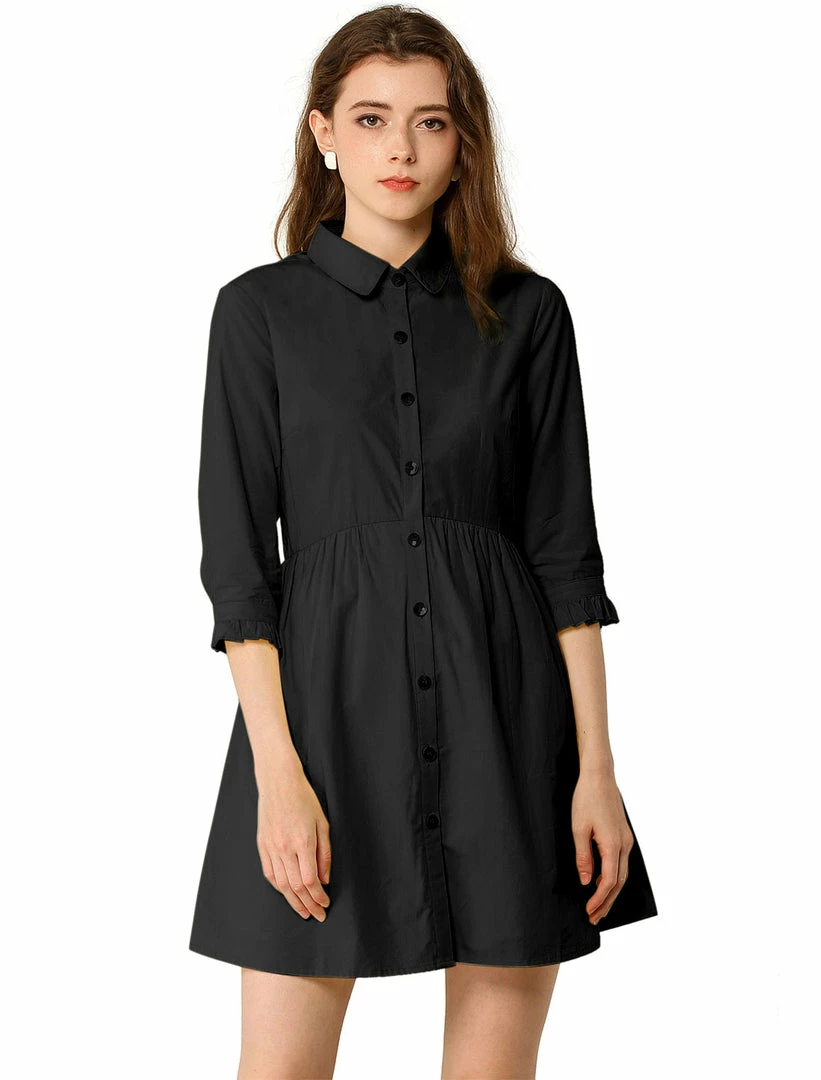 Allegra K Women's 3/4 Sleeve Button Front Flare Mini Shirt Dress 27 Allegra K Women's 3/4 Sleeve Button Front Flare Mini Shirt Dress
