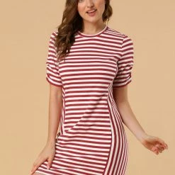 Allegra K Women's Short Sleeve Contrast Color Crew Neck Mini Striped T-Shirt Dress