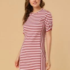 Allegra K Women's Short Sleeve Contrast Color Crew Neck Mini Striped T-Shirt Dress
