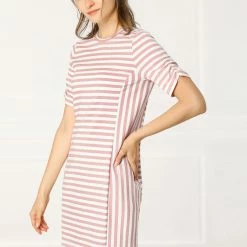 Allegra K Women's Short Sleeve Contrast Color Crew Neck Mini Striped T-Shirt Dress