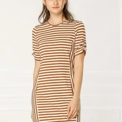 Allegra K Women's Short Sleeve Contrast Color Crew Neck Mini Striped T-Shirt Dress