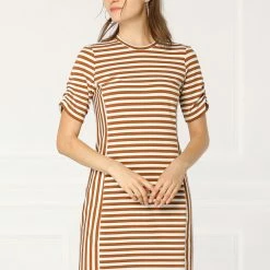 Allegra K Women's Short Sleeve Contrast Color Crew Neck Mini Striped T-Shirt Dress