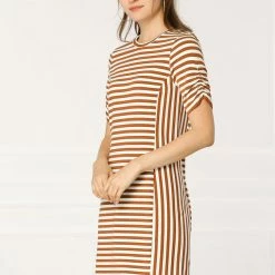 Allegra K Women's Short Sleeve Contrast Color Crew Neck Mini Striped T-Shirt Dress