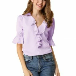 Allegra K Women's Ruffle V Neck Half Bell Sleeve Blouse Summer Vintage Casual Chiffon Peasant Top 155 Allegra K Women's Ruffle V Neck Half Bell Sleeve Blouse Summer Vintage Casual Chiffon Peasant Top