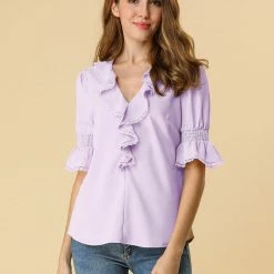 Allegra K Women's Ruffle V Neck Half Bell Sleeve Blouse Summer Vintage Casual Chiffon Peasant Top 156 Allegra K Women's Ruffle V Neck Half Bell Sleeve Blouse Summer Vintage Casual Chiffon Peasant Top