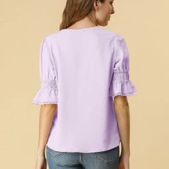 Allegra K Women's Ruffle V Neck Half Bell Sleeve Blouse Summer Vintage Casual Chiffon Peasant Top 158 Allegra K Women's Ruffle V Neck Half Bell Sleeve Blouse Summer Vintage Casual Chiffon Peasant Top