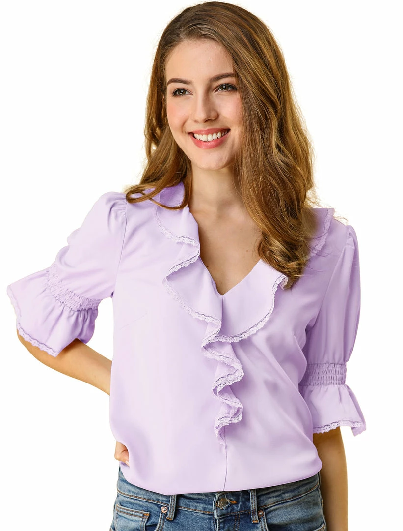 Allegra K Women's Ruffle V Neck Half Bell Sleeve Blouse Summer Vintage Casual Chiffon Peasant Top 70 Allegra K Women's Ruffle V Neck Half Bell Sleeve Blouse Summer Vintage Casual Chiffon Peasant Top