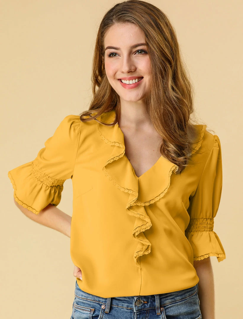 Allegra K Women's Ruffle V Neck Half Bell Sleeve Blouse Summer Vintage Casual Chiffon Peasant Top 65 Allegra K Women's Ruffle V Neck Half Bell Sleeve Blouse Summer Vintage Casual Chiffon Peasant Top