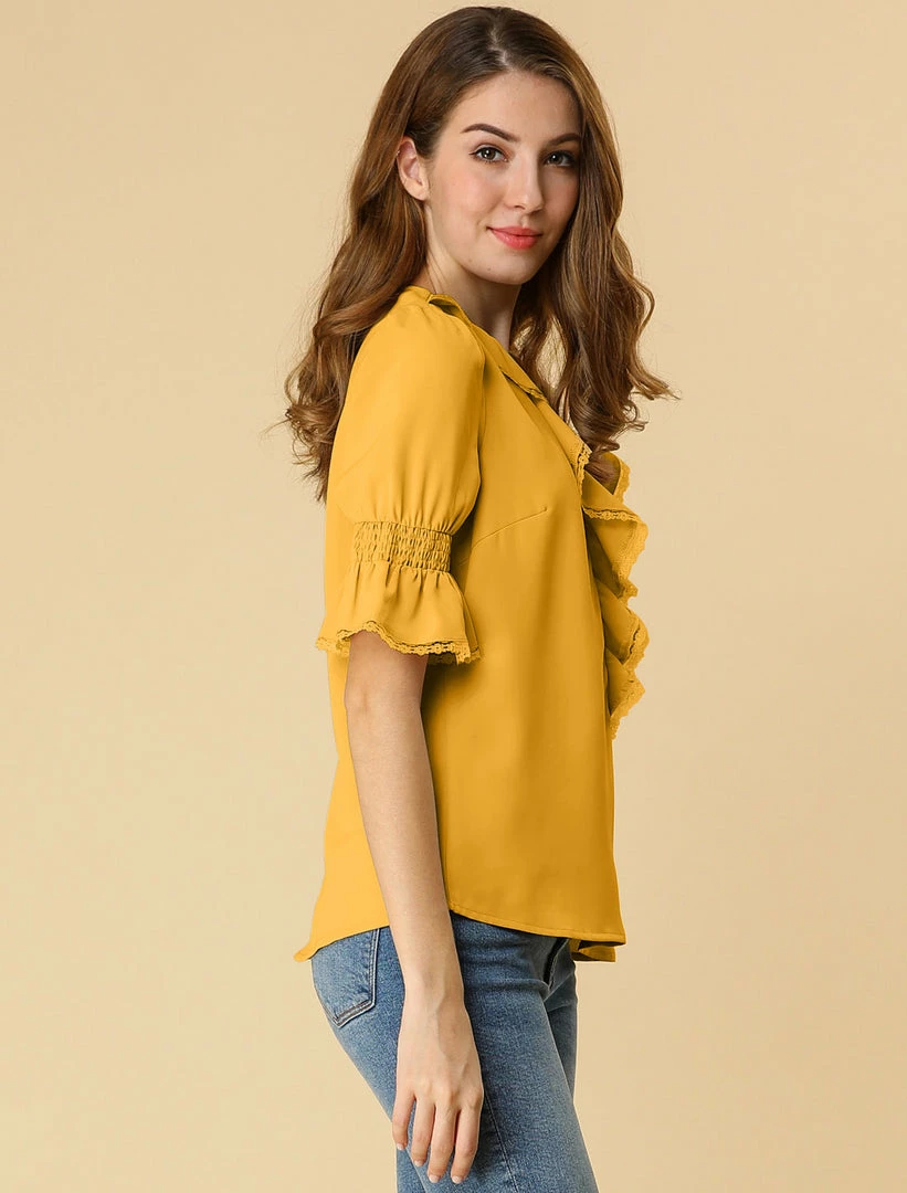 Allegra K Women's Ruffle V Neck Half Bell Sleeve Blouse Summer Vintage Casual Chiffon Peasant Top 67 Allegra K Women's Ruffle V Neck Half Bell Sleeve Blouse Summer Vintage Casual Chiffon Peasant Top