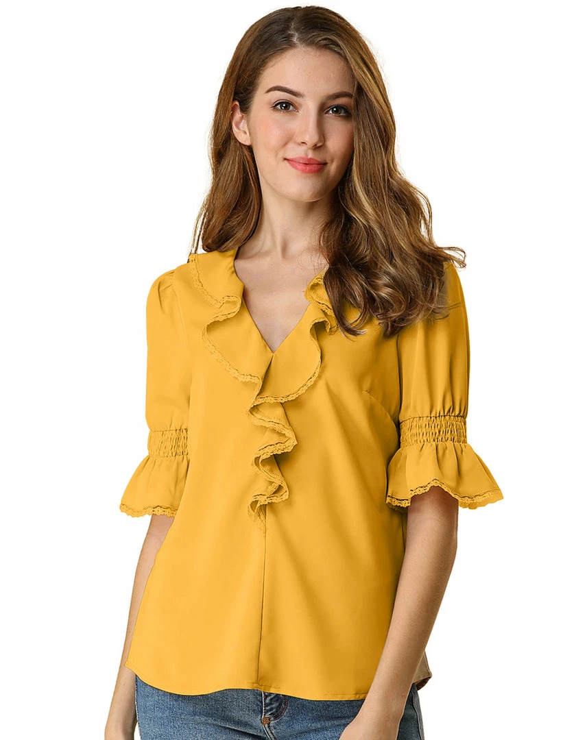 Allegra K Women's Ruffle V Neck Half Bell Sleeve Blouse Summer Vintage Casual Chiffon Peasant Top 64 Allegra K Women's Ruffle V Neck Half Bell Sleeve Blouse Summer Vintage Casual Chiffon Peasant Top