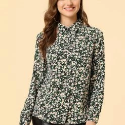 Allegra K Long Sleeve Button Down Ditsy Floral Shirt Women