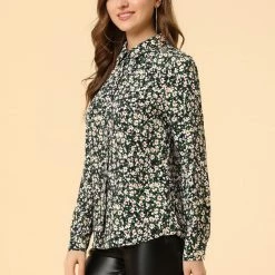 Allegra K Long Sleeve Button Down Ditsy Floral Shirt Women