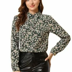 Allegra K Long Sleeve Button Down Ditsy Floral Shirt Women