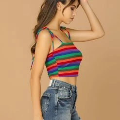 Allegra K Rainbow Striped Summer Cami Crop Top